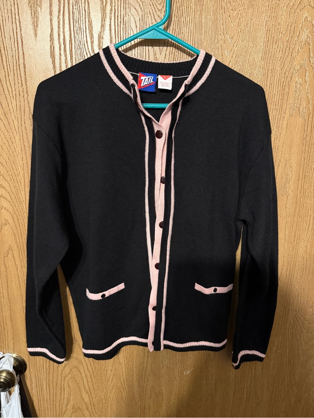 Tail Black Cardigan Sweater with Pink Trim